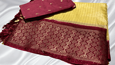 Shanti Pattu Gold Line Saree - Sandal & Maroon