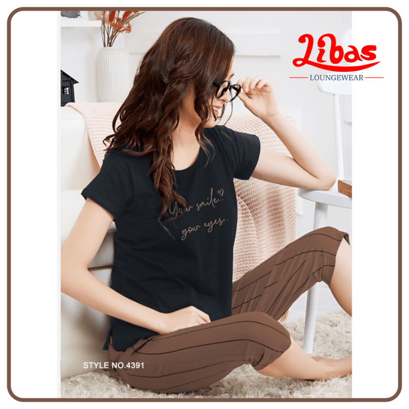 Dark Navy With Brown Top & Bottom Hosiery Cotton Capri Night Suit From Libas Loungewear - CPS032 Dark Navy With Brown Top & Bottom Hosiery Cotton Capri Night Suit From Libas Loungewear - CPS032