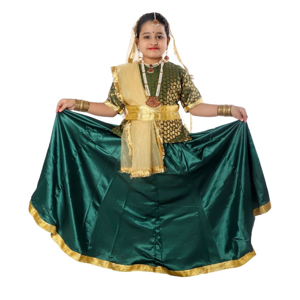 Kathak Dance Dress Costume Bottle Green & Golden