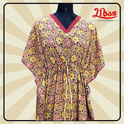 Maroon Cotton Kaftan Nighty With Floral Design From Libas Loungewear - KF386 Maroon Cotton Kaftan Nighty With Floral Design From Libas Loungewear - KF386