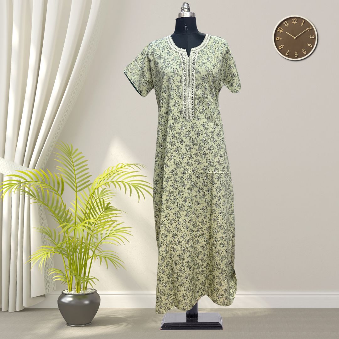 Grass Green Soft Cotton Nighty With All Over From Libas Loungewear - AL1107 Grass Green Soft Cotton Nighty With All Over From Libas Loungewear - AL1107
