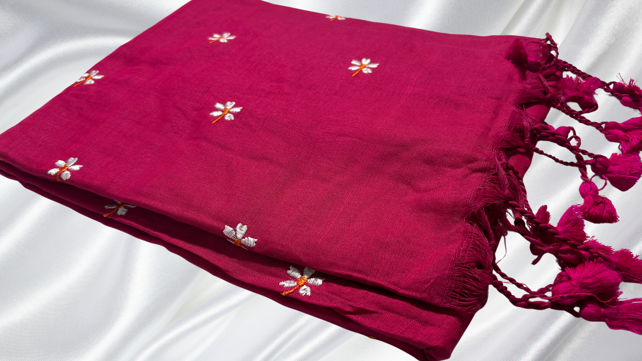 Khadi Cotton Embroidery Saree - Dark Pink