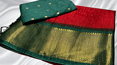 Shanti Pattu Gold Line Saree - Red & Pine