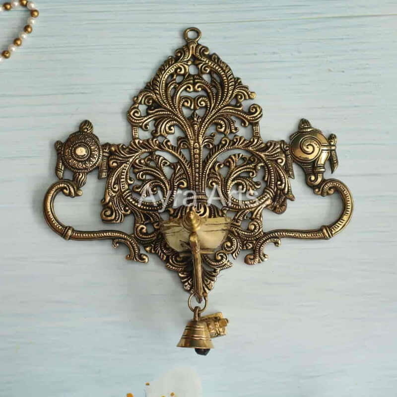 Brass Wall Hanging Shanku Chakra Diya with Bell - 11.5 inch Height | Divine Brass Shanku Chakra Diya with Bell