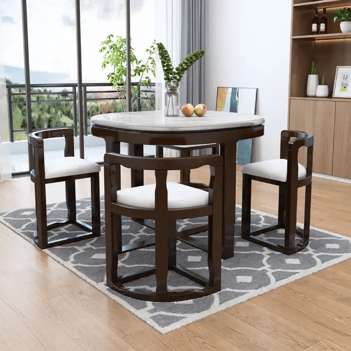 Modern Round Marble Dining Table Set with 4 Curved Back Chairs Space Saving Design