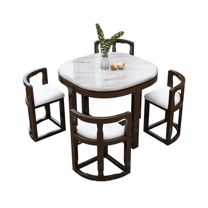 Modern Round Marble Dining Table Set with 4 Curved Back Chairs Space Saving Design