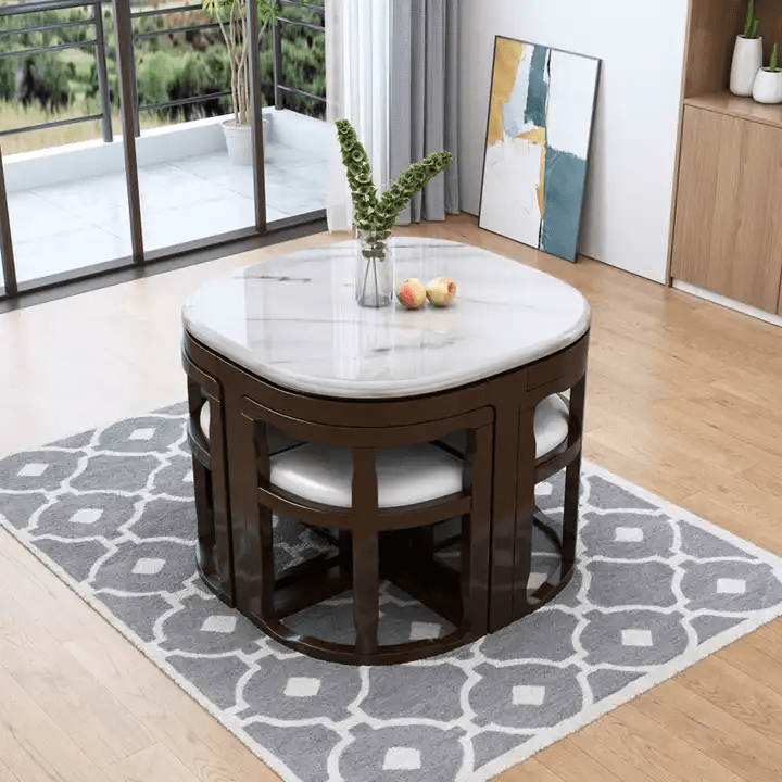 Modern Round Marble Dining Table Set with 4 Curved Back Chairs Space Saving Design