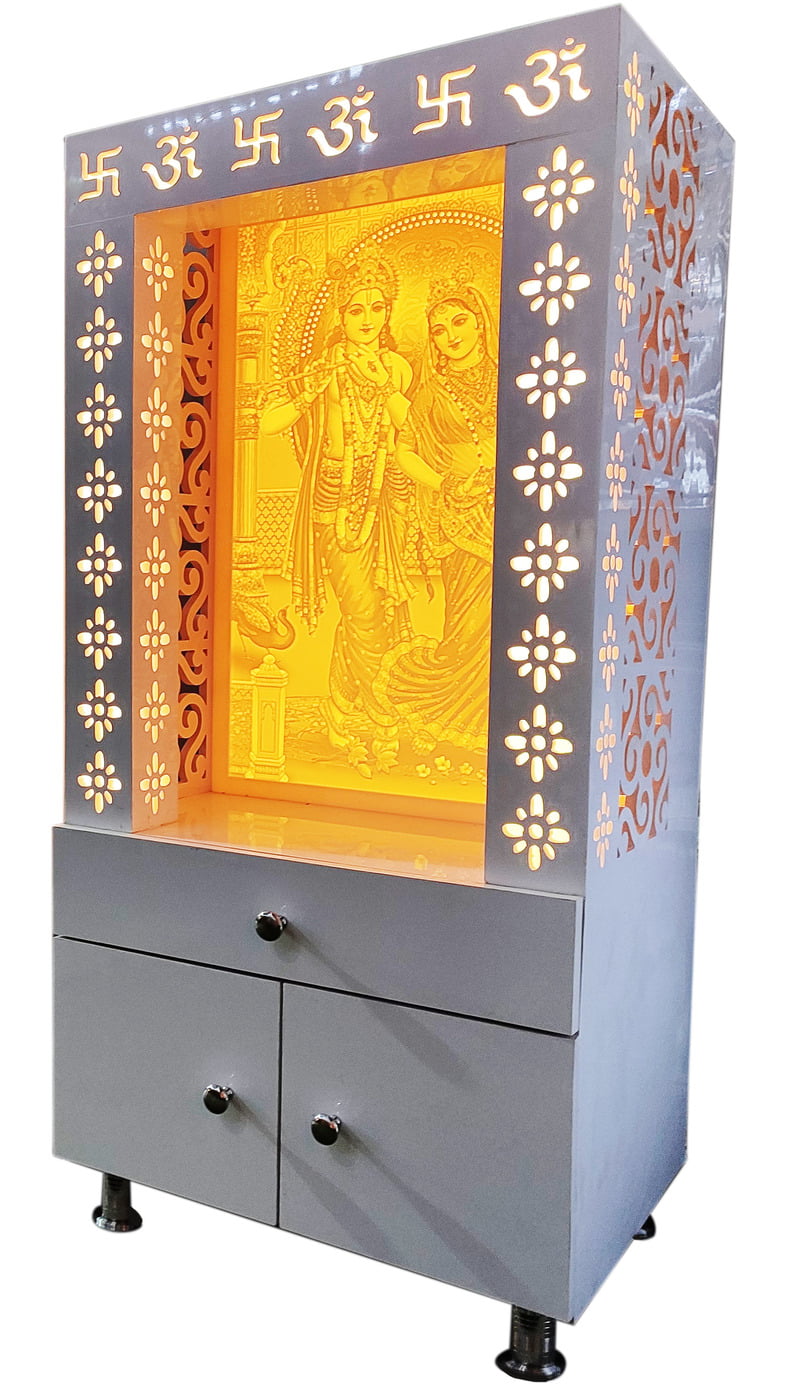 3D Corian Radha Krishna Puja Mandir With WPC Pillar