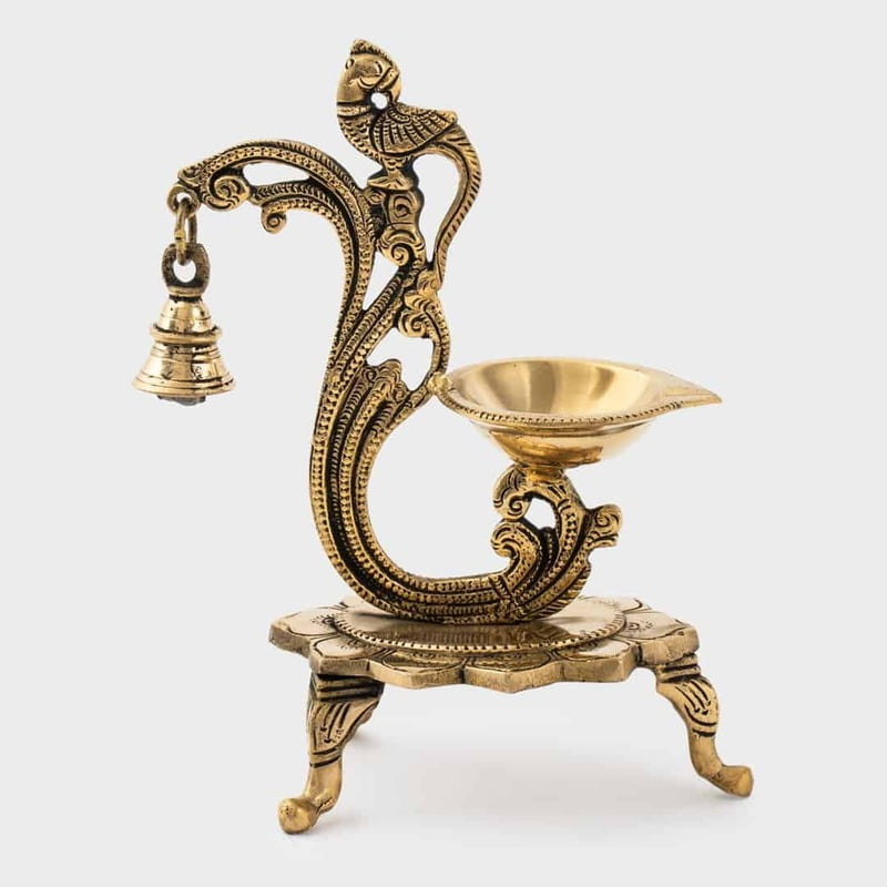 Brass Parrot Stand Diya with Bell - 8.2 inch Height | Artistic Enlightenment Brass Parrot Stand Diya with Bell - 8.2 inch Height | Artistic Enlightenment