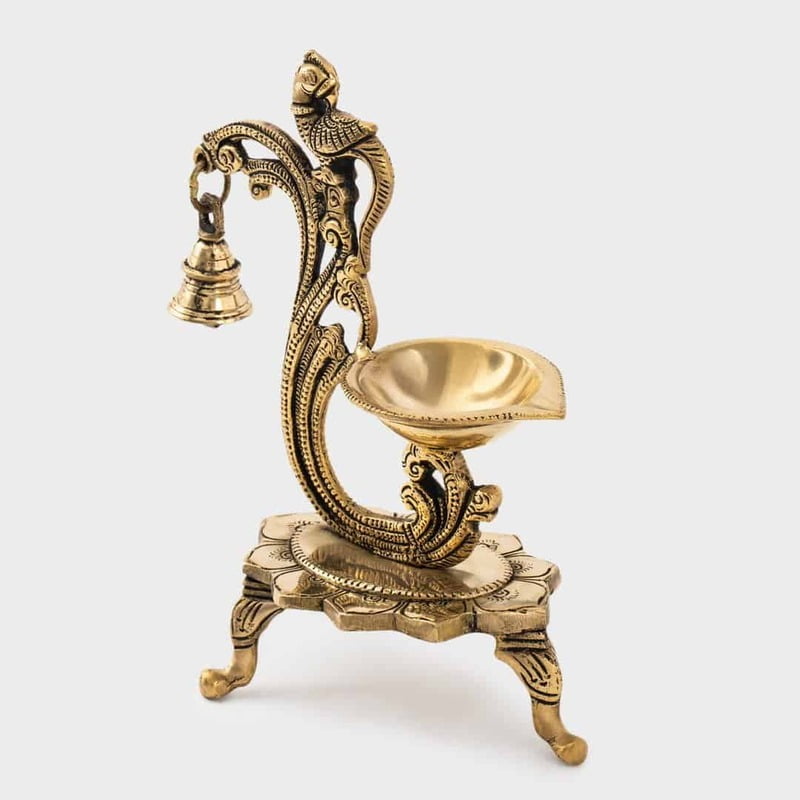 Brass Parrot Stand Diya with Bell - 8.2 inch Height | Artistic Enlightenment Brass Parrot Stand Diya with Bell - 8.2 inch Height | Artistic Enlightenment