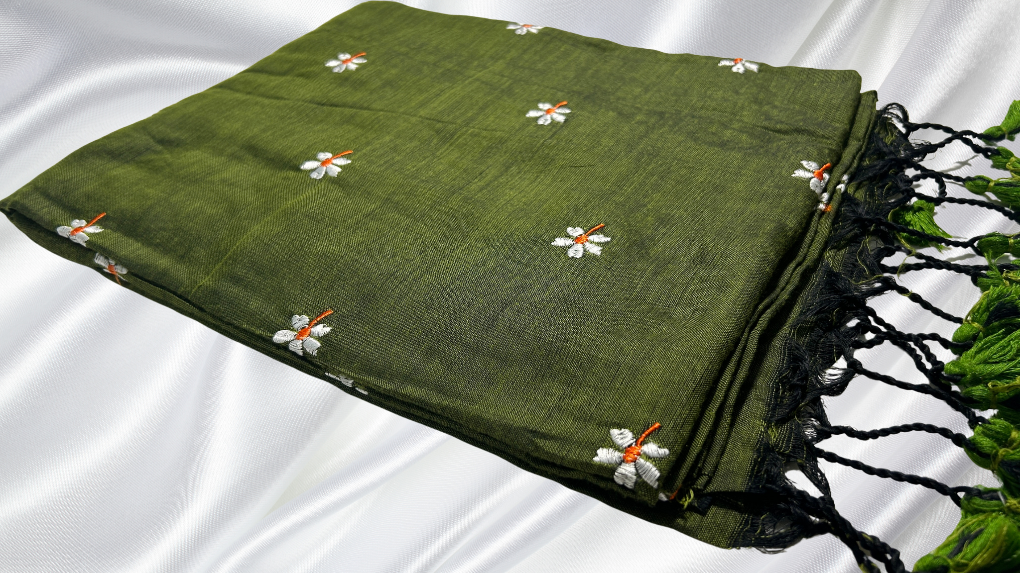 Khadi Cotton Embroidery Saree - Green