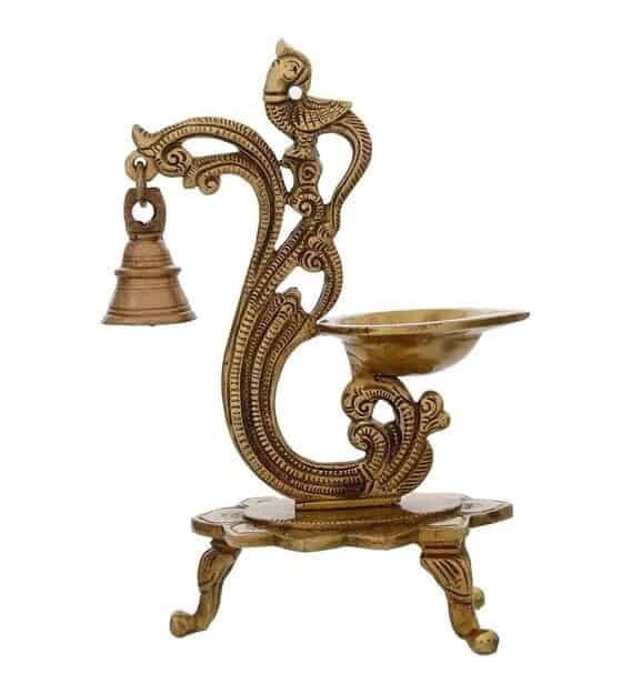 Brass Parrot Stand Diya with Bell - 8.2 inch Height | Artistic Enlightenment Brass Parrot Stand Diya with Bell - 8.2 inch Height | Artistic Enlightenment
