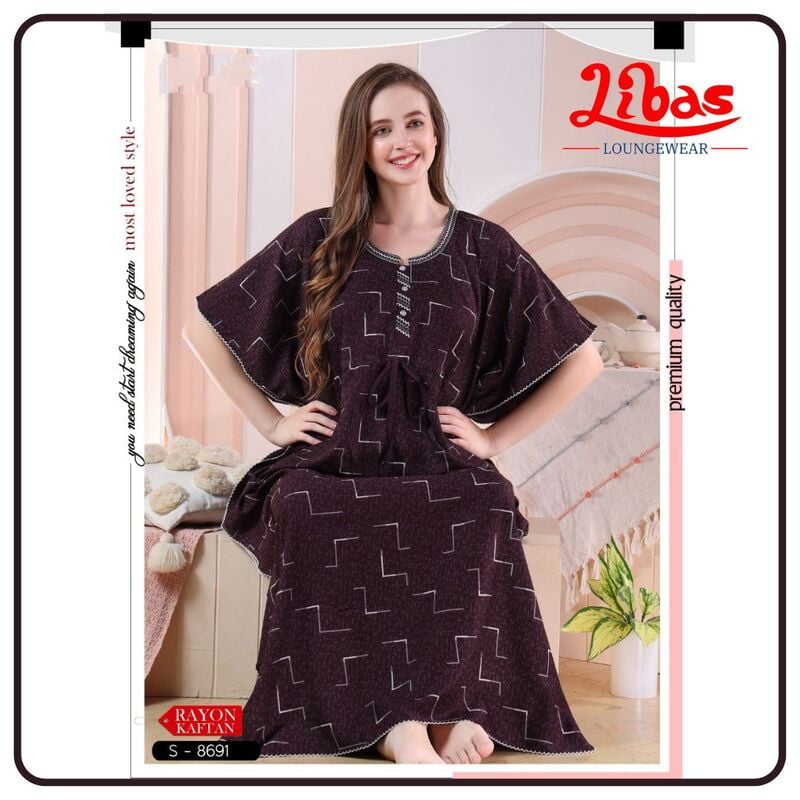 Barossa Premium Rayon Kaftan Nighty With Block Print All Over From Libas Loungewear - KF346 Barossa Premium Rayon Kaftan Nighty With Block Print All Over From Libas Loungewear - KF346