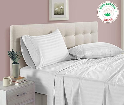100% Cotton Bedsheet (Flat) 300 TC - Striped - White
