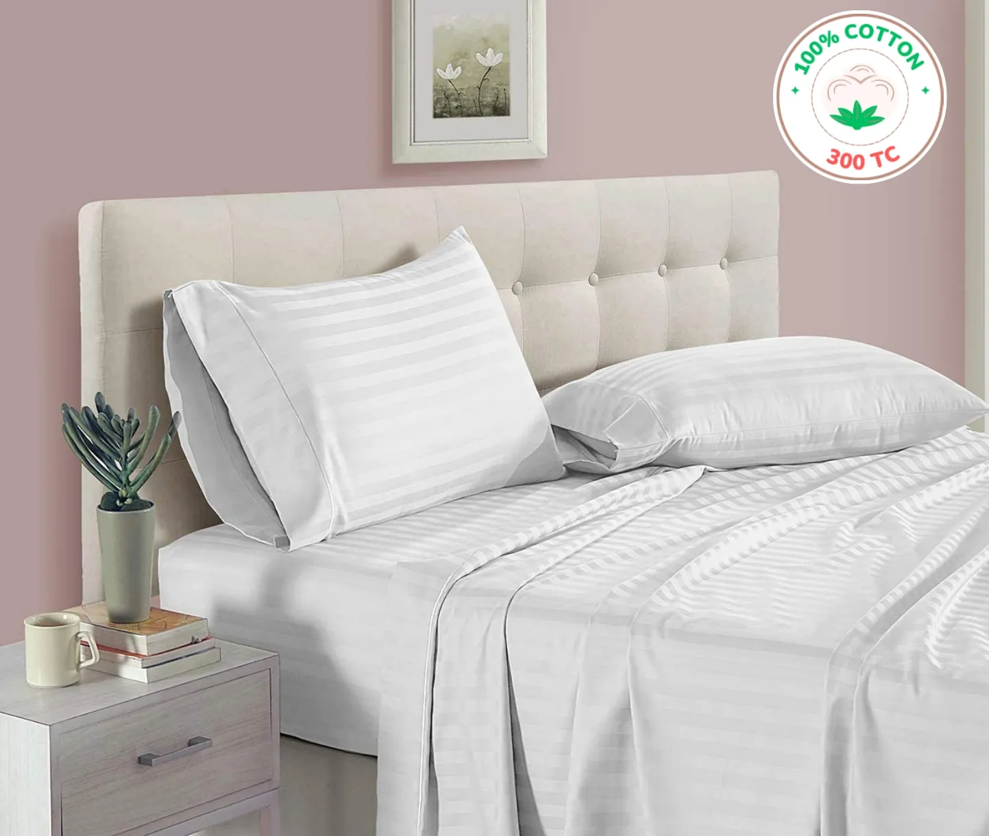 Sofrito 100% Cotton Bedsheet (Flat) 300 TC - Striped - White | Anti Pilling Processed Fabric |