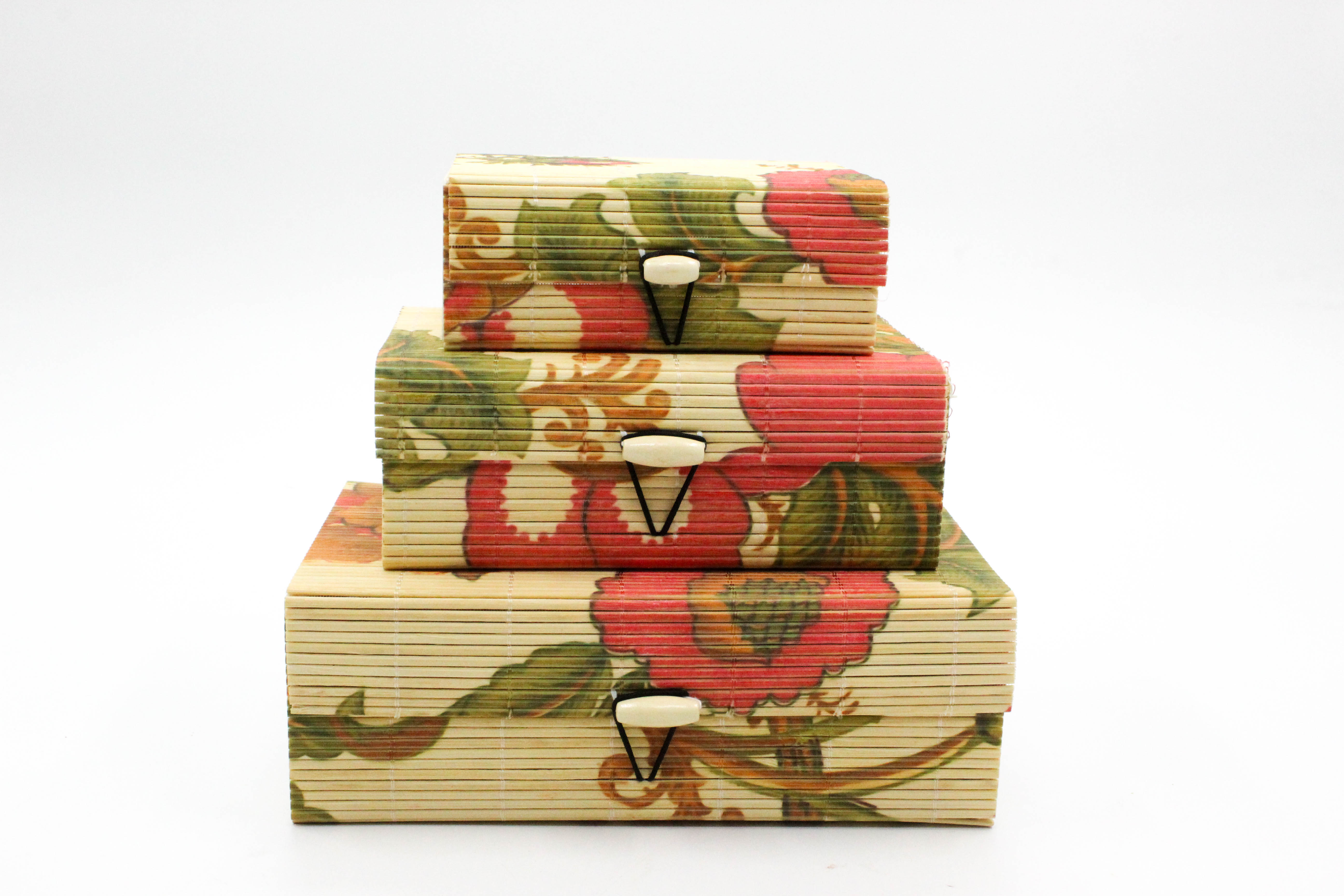 Floral Storage Boxes / Jewellery Boxes Set, Bamboo Decorative Boxes with Lids, 3-Piece Nesting Design, Red and Green Pattern