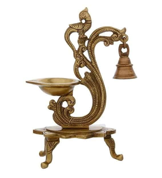 Brass Parrot Stand Diya with Bell - 8.2 inch Height | Artistic Enlightenment Brass Parrot Stand Diya with Bell - 8.2 inch Height | Artistic Enlightenment