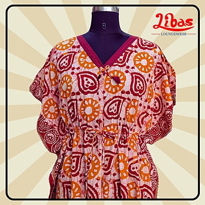 Redish Orange Cotton Kaftan Nighty With Floral Design From Libas Loungewear - KF382 Redish Orange Cotton Kaftan Nighty With Floral Design From Libas Loungewear - KF382