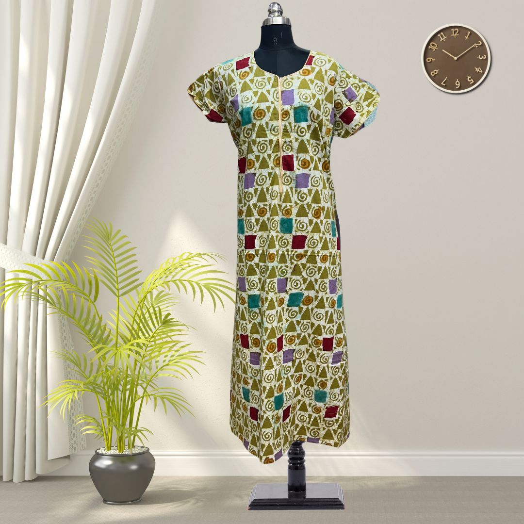 Greeny Batik Cotton Nighty With All Over From Libas Loungewear - AL1089 Greeny Batik Cotton Nighty With All Over From Libas Loungewear - AL1089