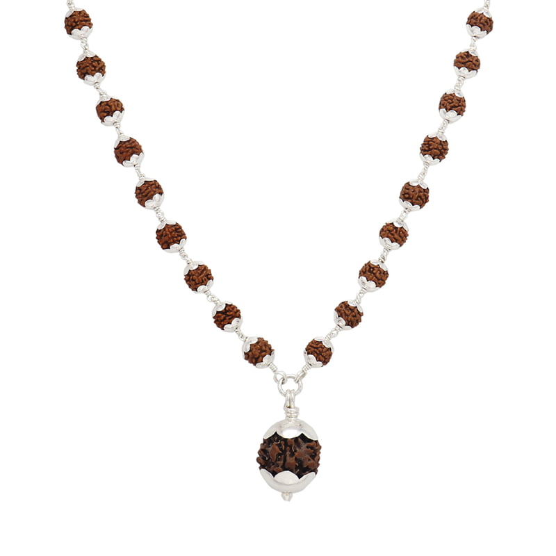 Silver Caped Rudraksha Mala/Chain with Rudraksham Pendent/Dollar