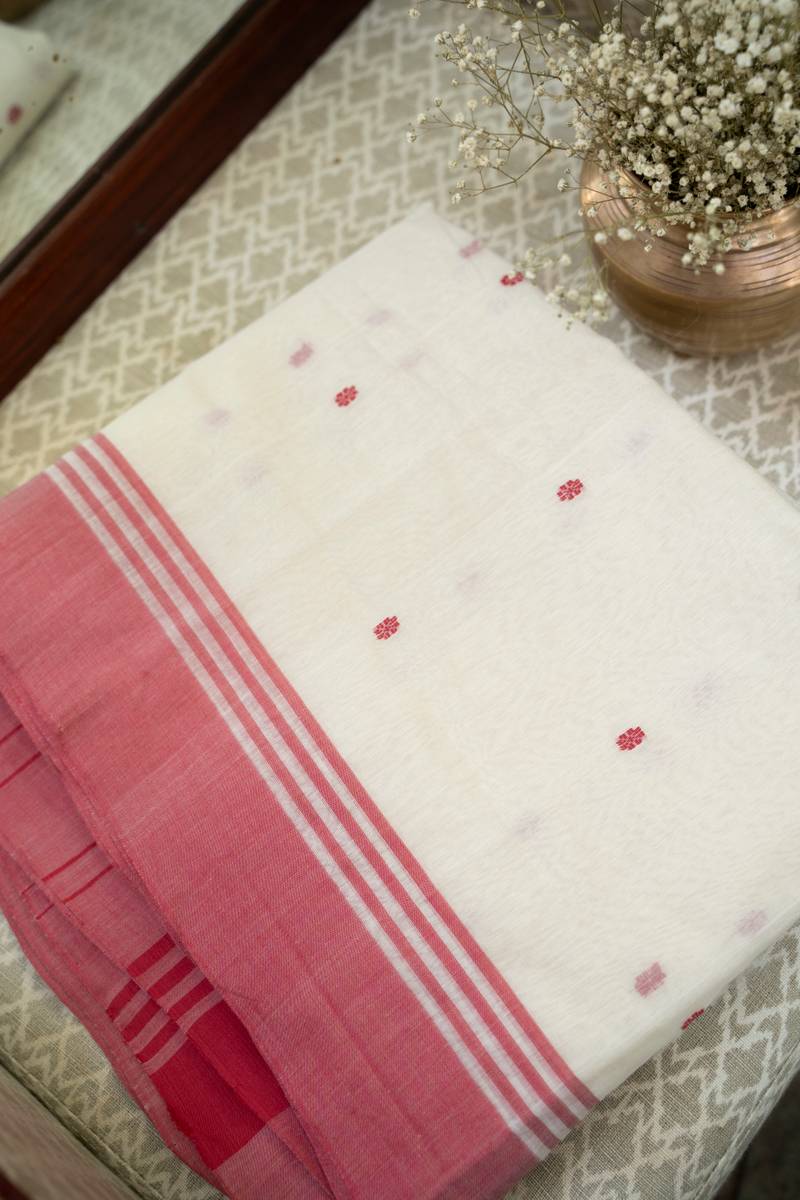 Chanderi Cotton Saree - Red & White Chanderi Cotton Saree - Red & White