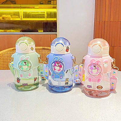 BPA Free Cartoon Doll Strawberry Bear Strap Kettle Student Kids Outdoor Portable Anti-fall Plastic Water Bottle with Straw