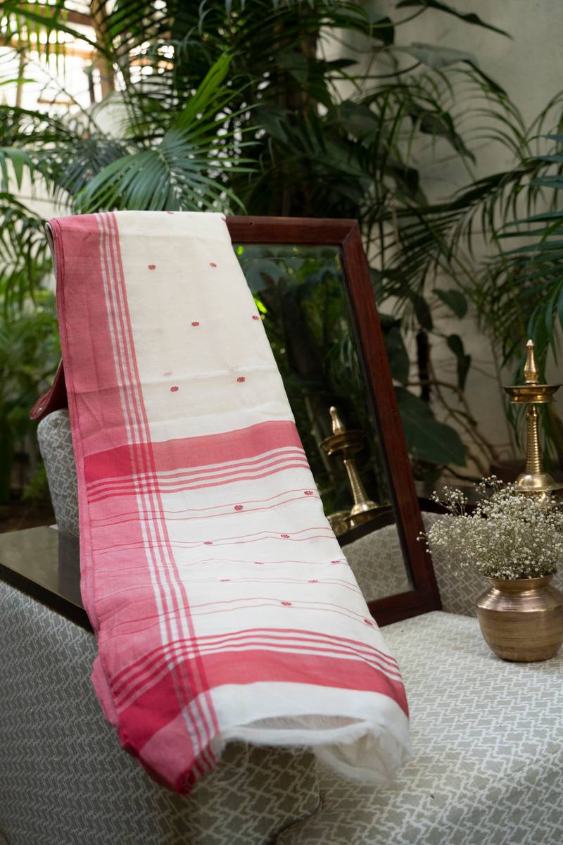 Chanderi Cotton Saree - Red & White Chanderi Cotton Saree - Red & White