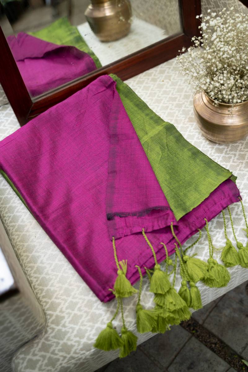 West Bengal Colour Block Saree - Magenta & Parrot Green West Bengal Colour Block Saree - Magenta & Parrot Green