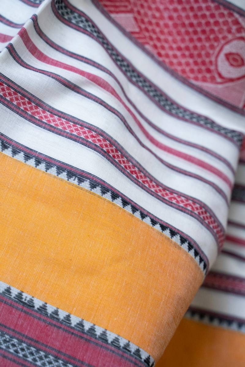 Dhaniakhali Handloom Saree - Red, White & Yellow - Lal Paar Dhaniakhali Handloom Saree - Red, White & Yellow - Lal Paar