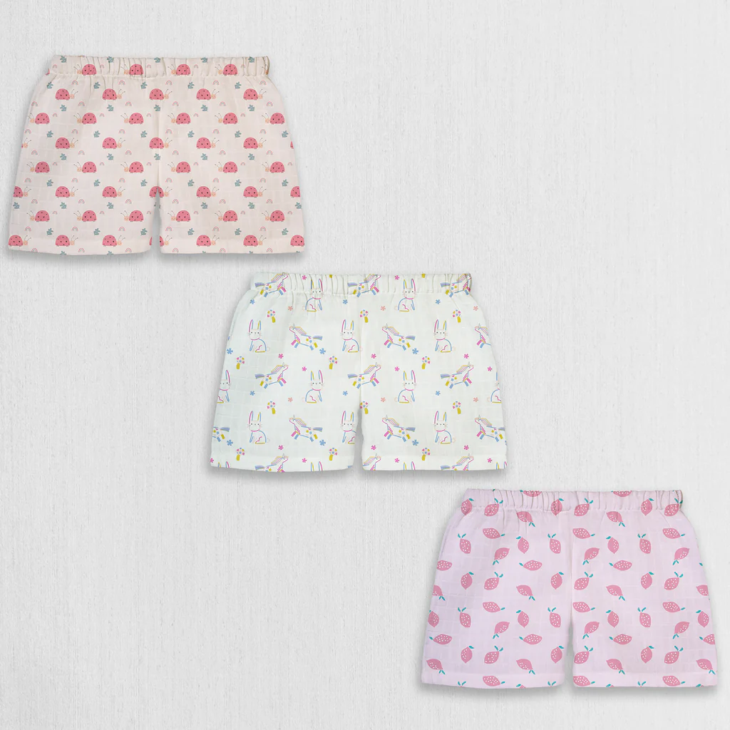 1st Step 100% Soft Muslin Cotton Baby Shorts - Pack of 3- 3-6 Months