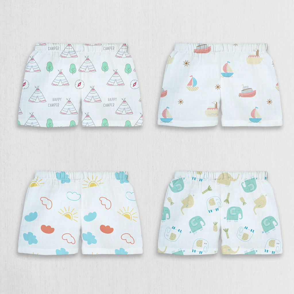 1st Step 100% Soft Muslin Cotton Baby Shorts - Pack of 4 - New Born