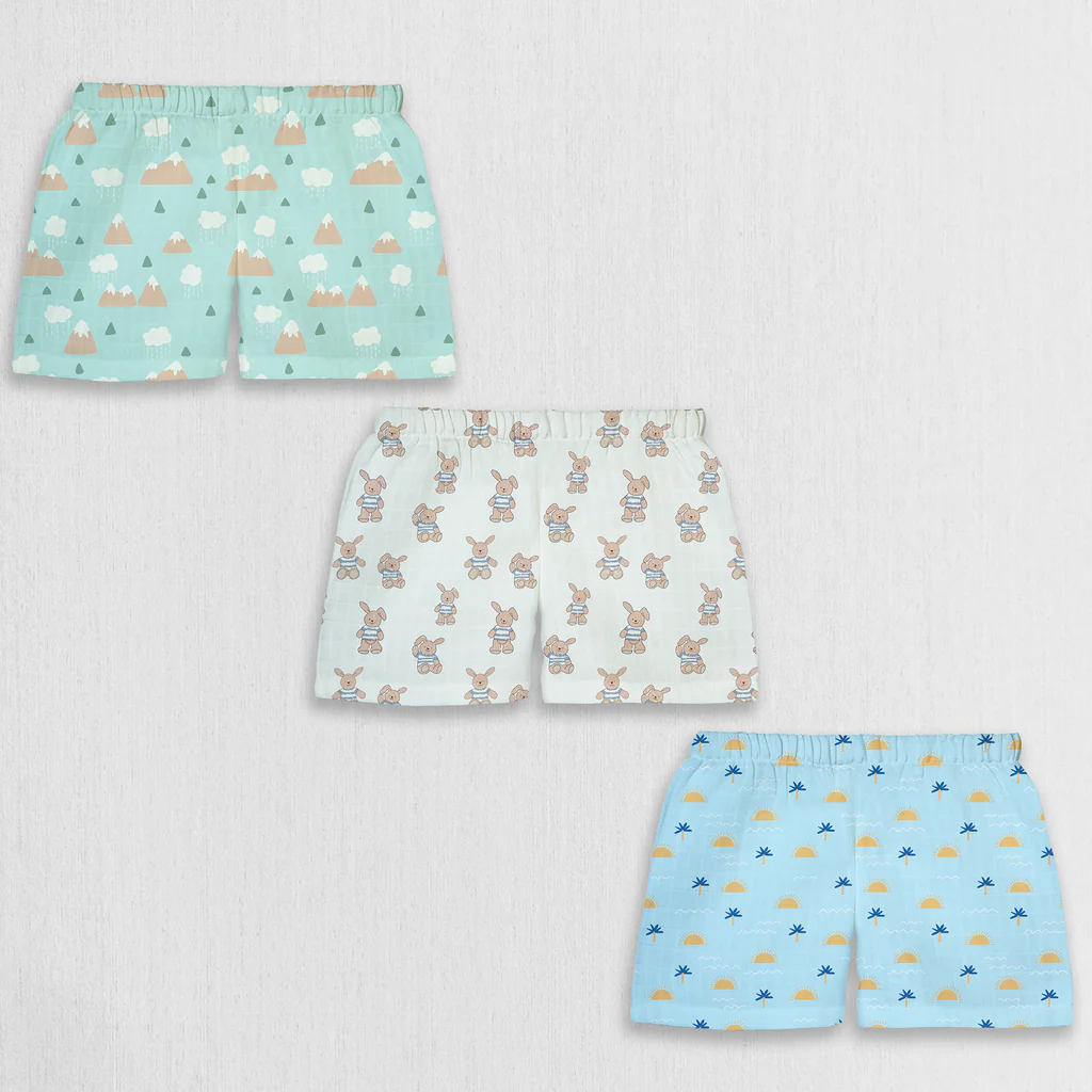 1st Step 100% Soft Muslin Cotton Baby Shorts - Pack of 3 - 0-3 Months