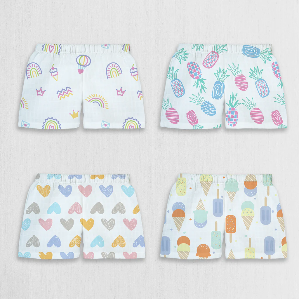 1st Step 100% Soft Muslin Cotton Baby Shorts - Pack of 4 - 0-3 Months