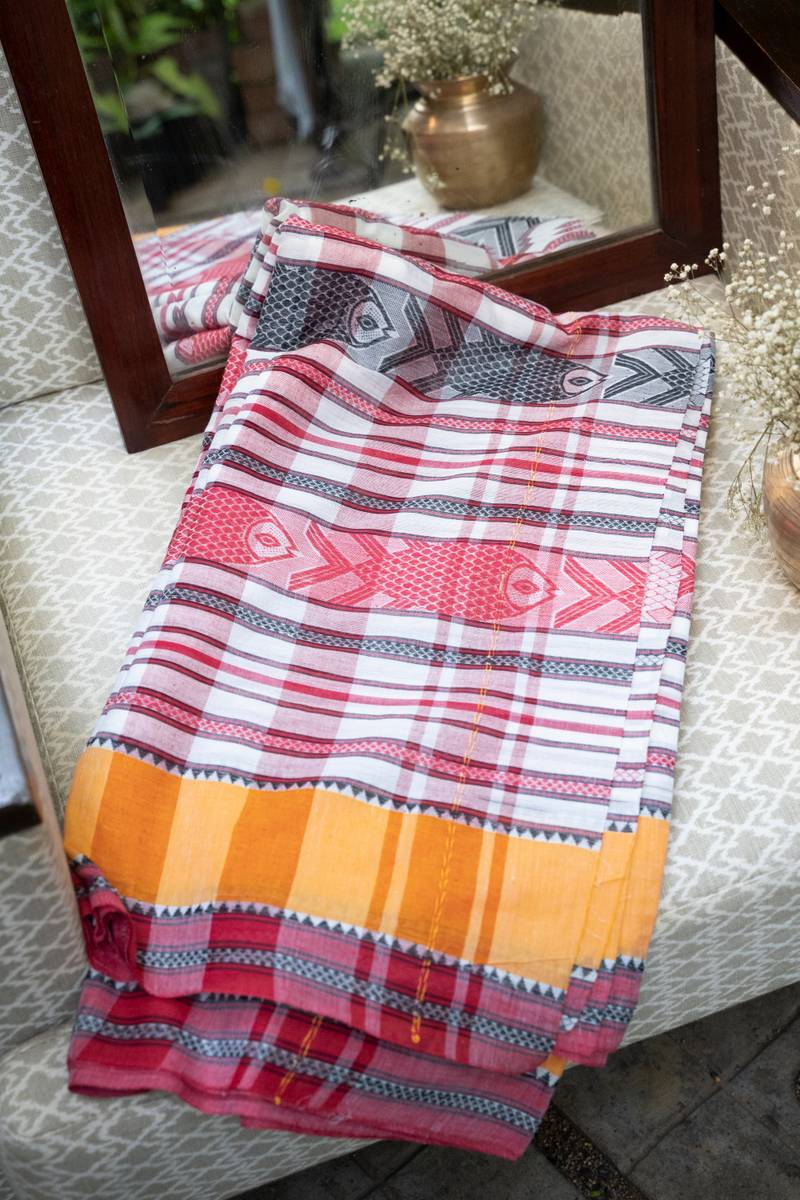 Dhaniakhali Handloom Saree - Red, White & Yellow - Lal Paar Dhaniakhali Handloom Saree - Red, White & Yellow - Lal Paar