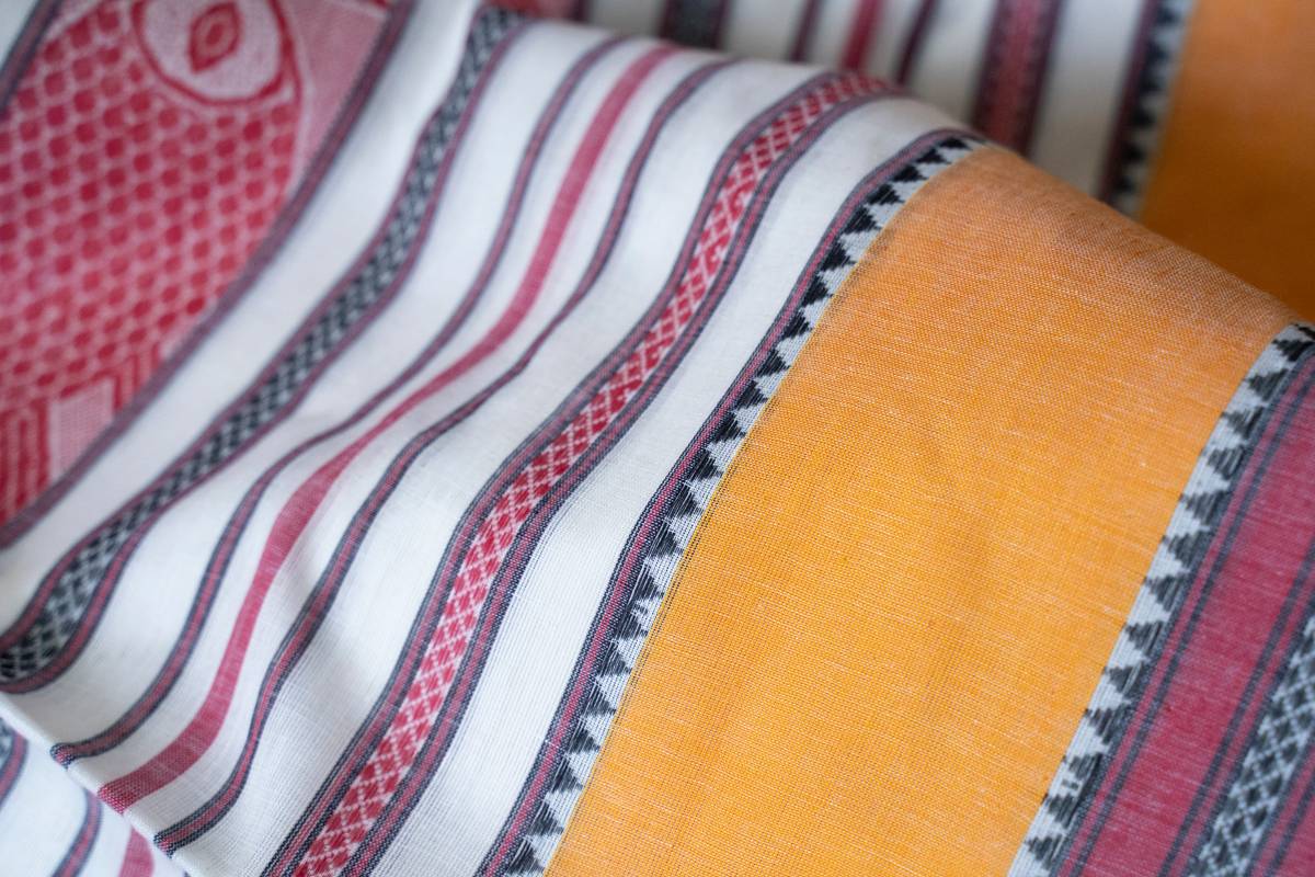 Dhaniakhali Handloom Saree - Red, White & Yellow - Lal Paar