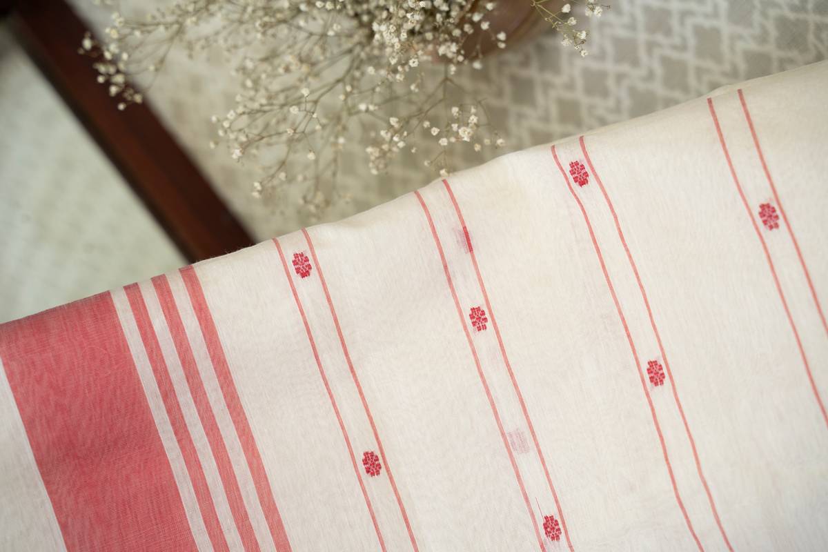 Chanderi Cotton Saree - Red & White