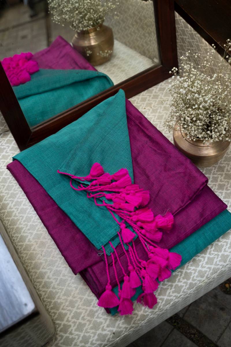 West Bengal Colour Block Saree - Magenta & Teal Blue West Bengal Colour Block Saree - Magenta & Teal Blue