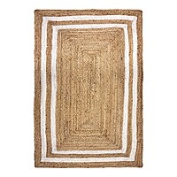 Handmade Jute Area Rug, Natural with White Border Stripes, Coastal Boho Farmhouse Style