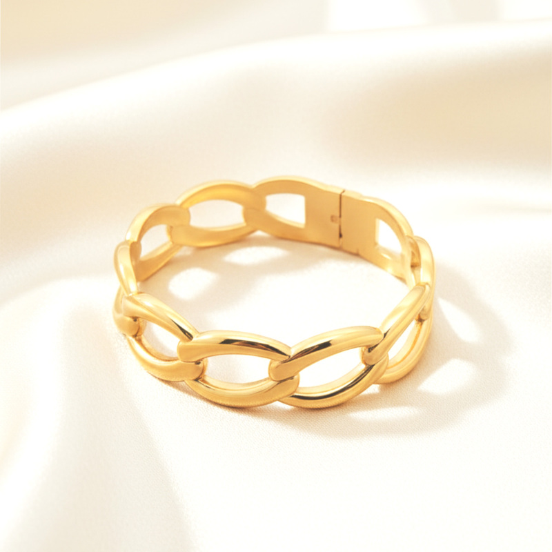 KAYYA21 Curb Link Bangle with Hidden Clasp Bracelet – Gold Finish Stainless Steel