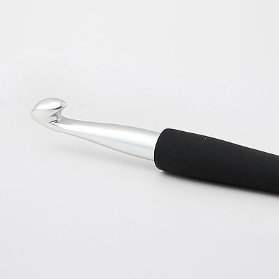 Silver coloured aluminium single ended crochet hook with soft-feel grip