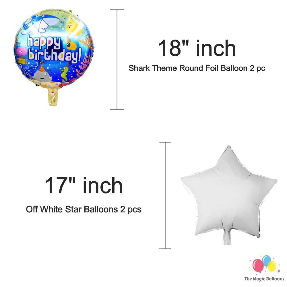 The Magic Balloons Store – Printed Shark Theme Birthday Party Decoration combo kits – Shark Theme Birthday Combo 38 Pcs, foil 5 pcs Set,1 Happy Birthday banner, 2 Foil Curtains, 30 Balloons-181551