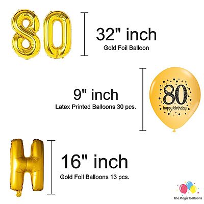 The Magic Balloons- Happy 80th Birthday decoration kit combo 48 pcs Black Golden & silver 30 pcs rubber balloons, Happy Birthday foil banner with 80 Number foil, 2pcs Golden foil Curtain & air-pump The Magic Balloons- Happy 80th Birthday decoration kit combo 48 pcs Black Golden & silver 30 pcs rubber balloons, Happy Birthday foil banner with 80 Number foil, 2pcs Golden foil Curtain & air-pump