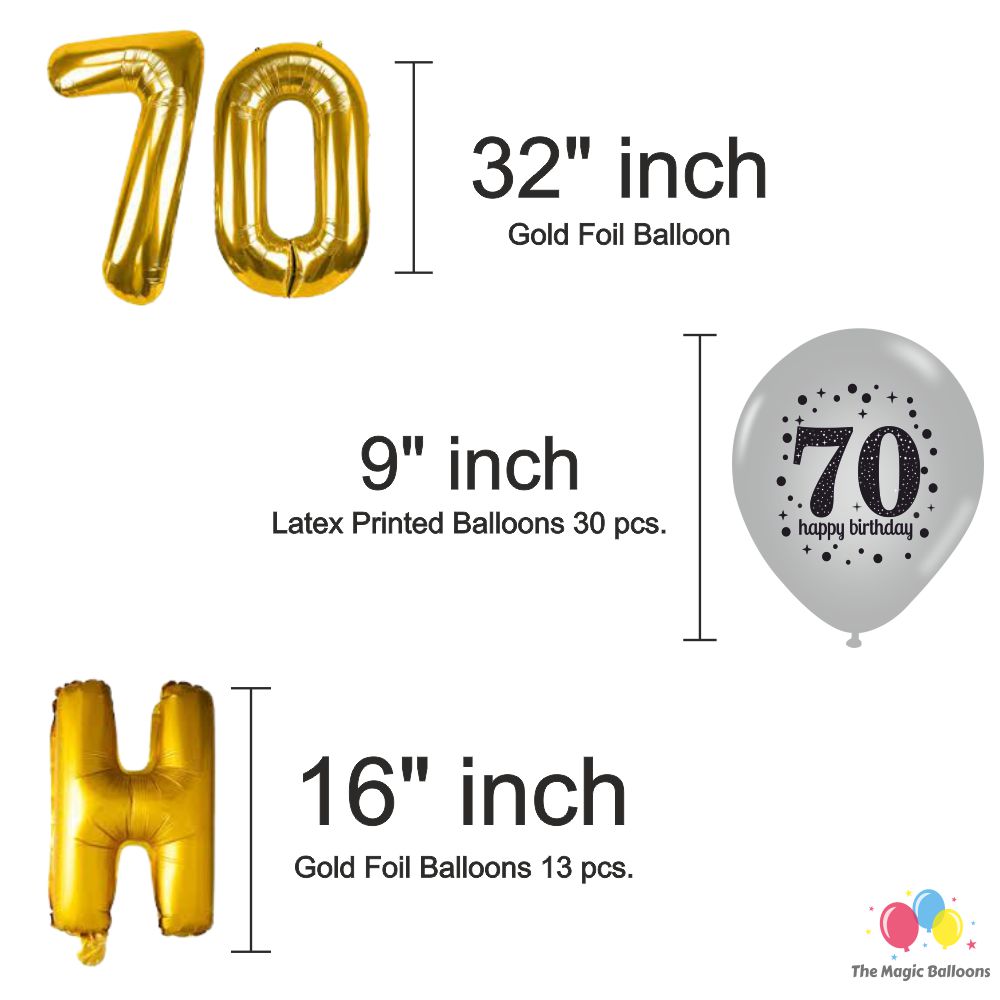 The Magic Balloons- Happy 70th Birthday decoration kit combo- 48 pcs Black Golden & silver 30 pcs rubber/latex balloons, Birthday Foil banner with 30 Number foil, 2pcs Golden foil Curtain & air-pump The Magic Balloons- Happy 70th Birthday decoration kit combo- 48 pcs Black Golden & silver 30 pcs rubber/latex balloons, Birthday Foil banner with 30 Number foil, 2pcs Golden foil Curtain & air-pump