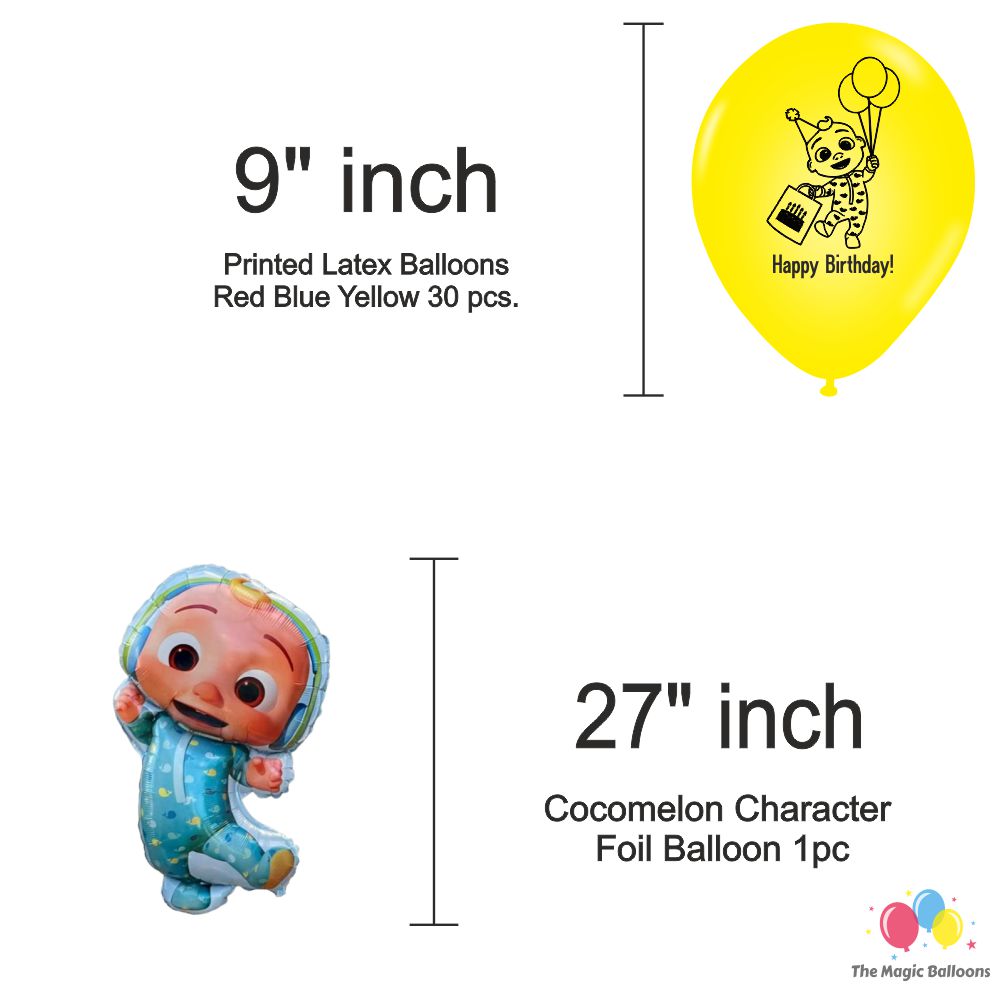 The Magic Balloons Store – Printed Cocomelon Birthday Party Theme Decoration combo kits – Combo Pack of 38 Pcs, foil 5 pcs Set,1 Happy Birthday banner, 2 Foil Curtains, 30 Balloons-181593