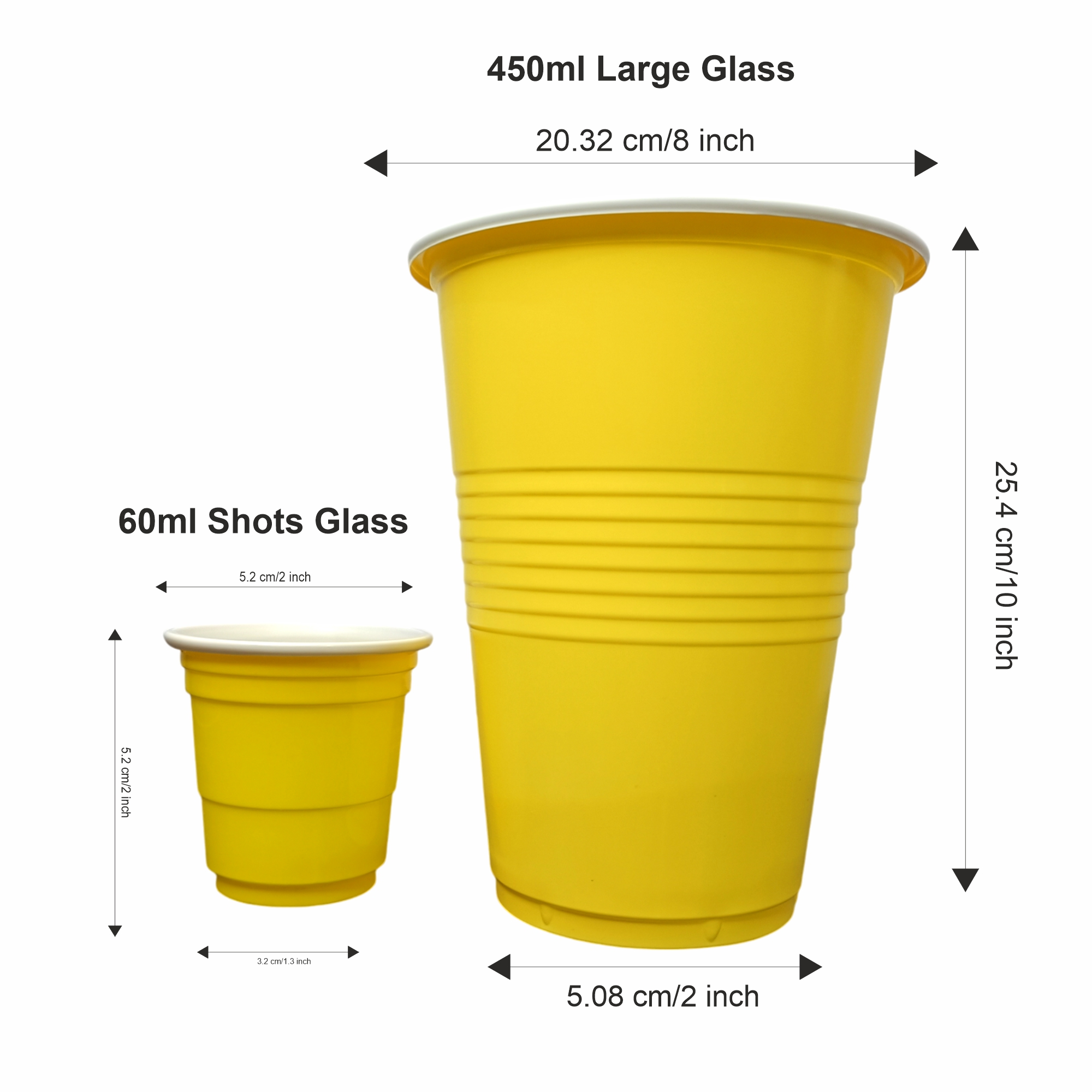 Set of 20 Combo Pack | 10 Yellow Pong Glasses 450ml & 10 Yellow Shot Glasses 60ml | Reusable Party Drinking Cups for Beer Pong, Shots, Events & Celebrations – Party Drinking Cups