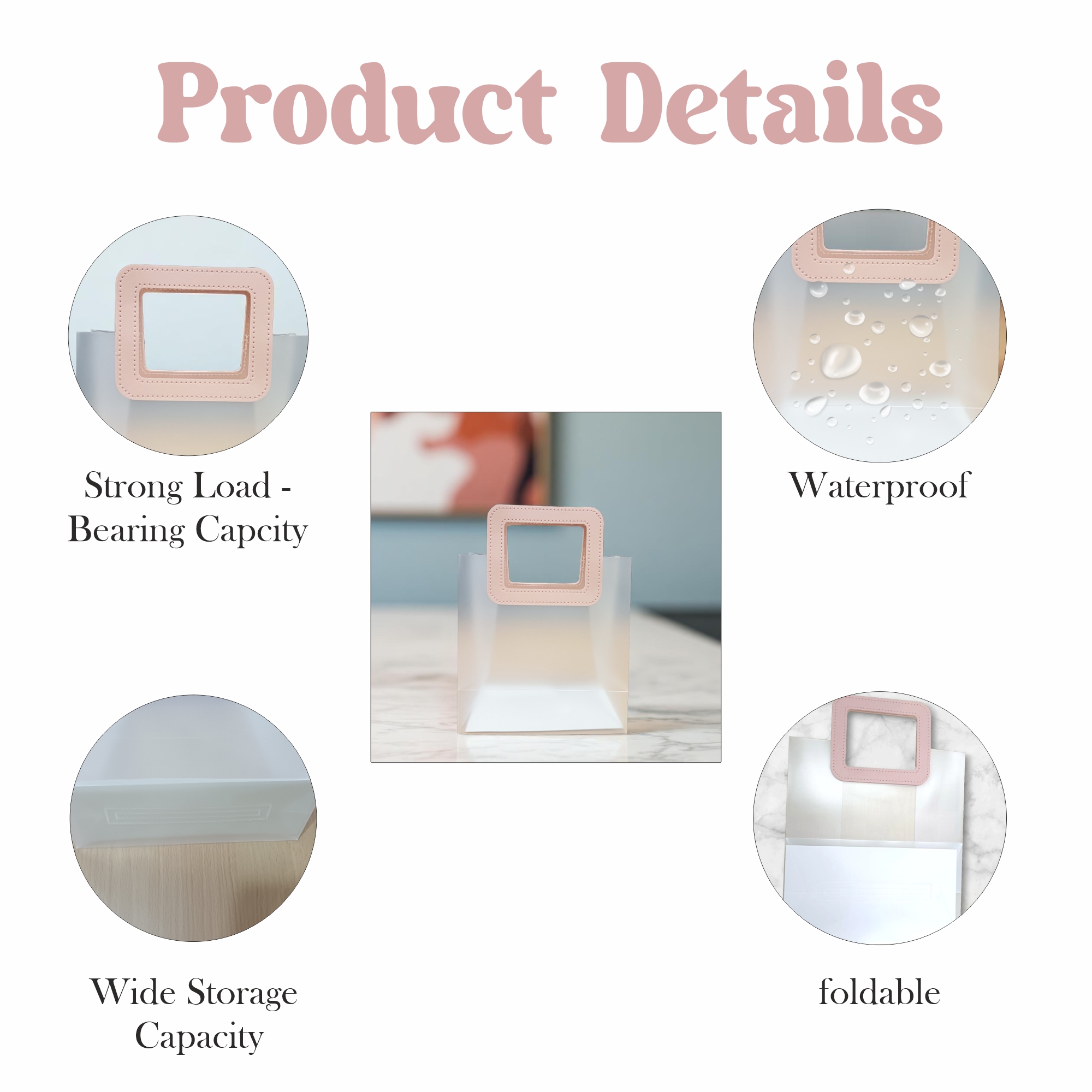 6 Pcs Small Transparent Gift Bags with Square Pink Handle Reusable | Party, Wedding, Return Gift, Hamper Packaging