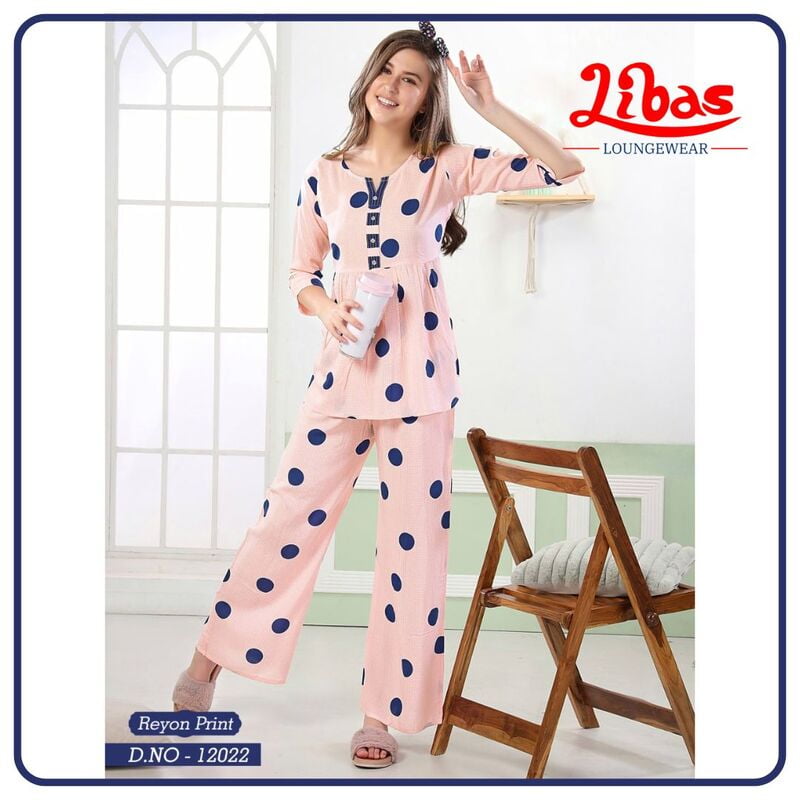 Baby Pink & Blue Imported Rayon Women Night Suit With Palazzo Style From Libas Loungewear - FPS140 Baby Pink & Blue Imported Rayon Women Night Suit With Palazzo Style From Libas Loungewear - FPS140