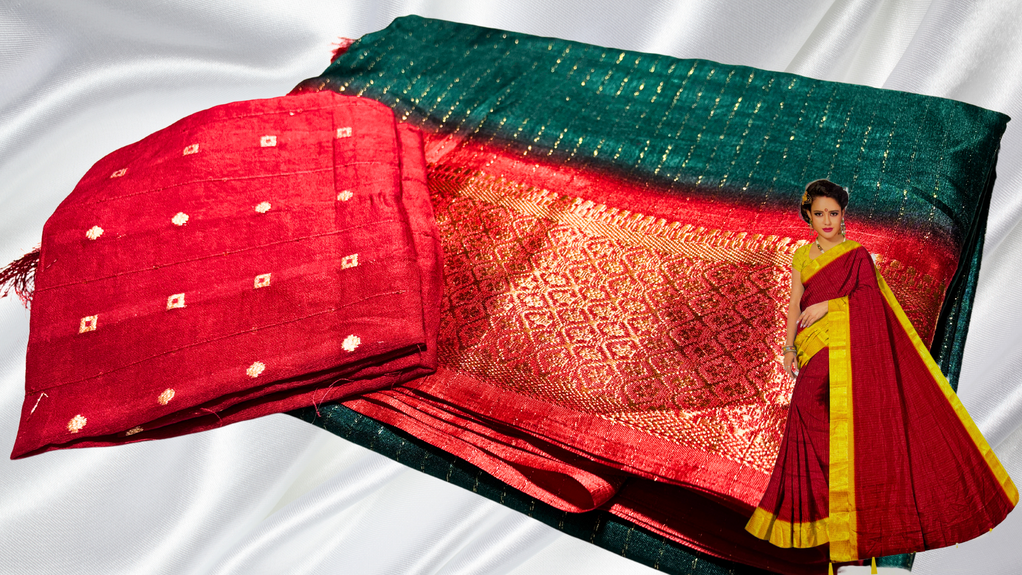 Stuti Fancy Silk Line Saree - Pine & Red