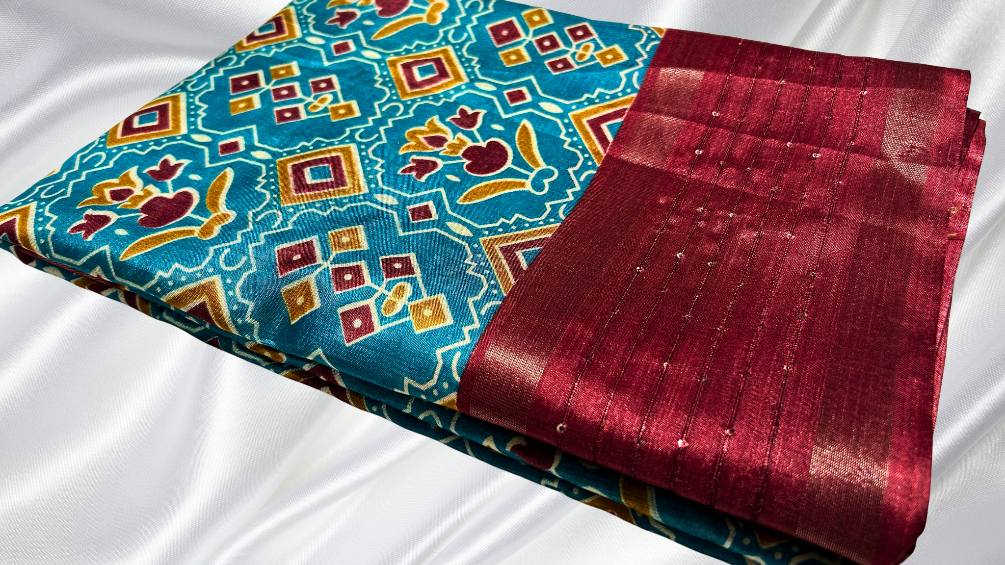 Dola Patola Sequence Saree - Turquoise & Maroon