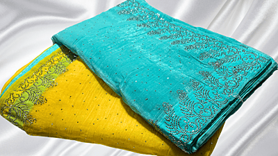 Space Stone Work Designer Saree - Yellow & Turquoise